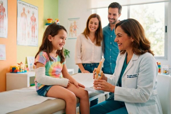 Header_Médico ortopedico_ niña con yeso brazo